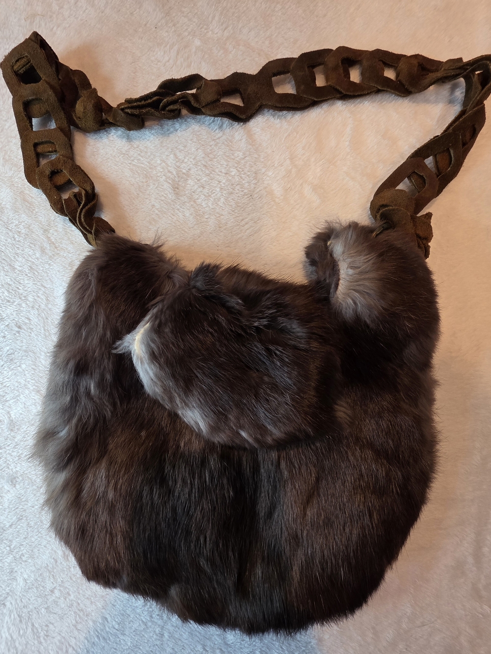 Brown Fur Shoulder Bag with Woven Strap